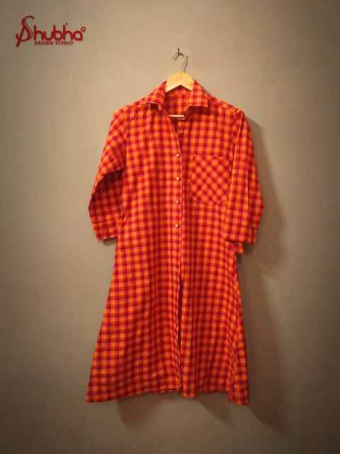 Handloom Cotton orange checkered mid length dress shirt