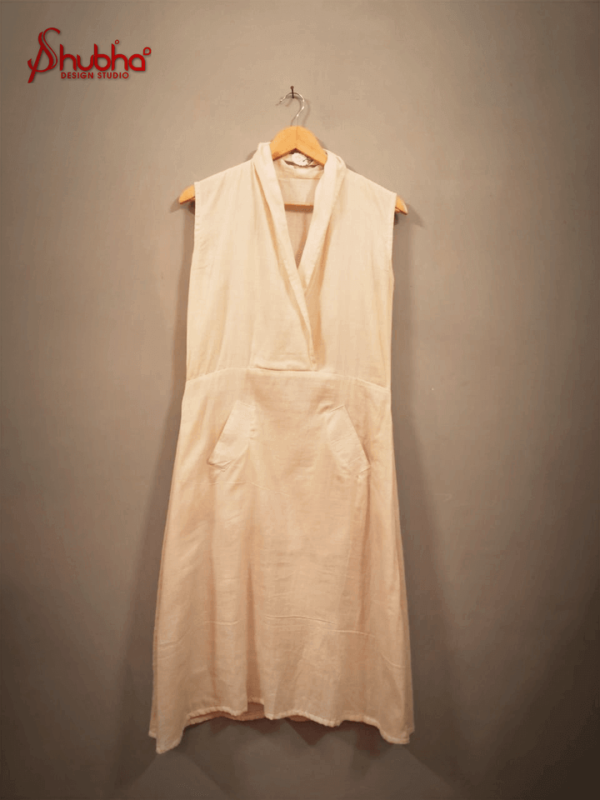 Cowl Neck Sleeveless White Organic Knee Length Dress