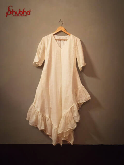 White Organic Cotton Asymmetrical Ruffle Dress